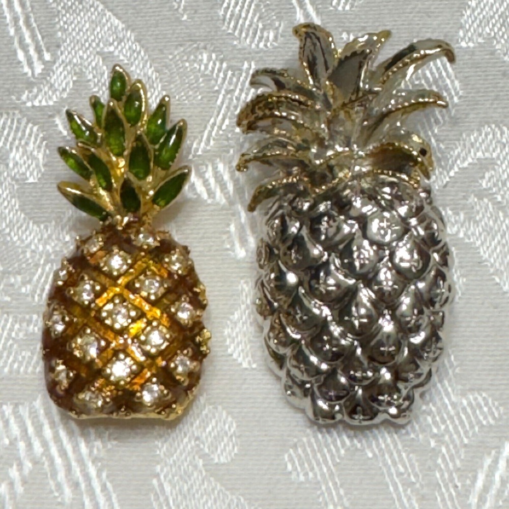 Lot 2 Vintage Silver & Gold Tone Pineapple Brooch Pins Rhinestone Fruit